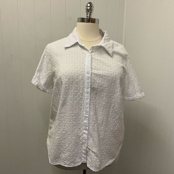 Alfred Dunner Women’s 20W White Eyelet Lace Detail Short Sleeve Blouse Top - Picture 1 of 11